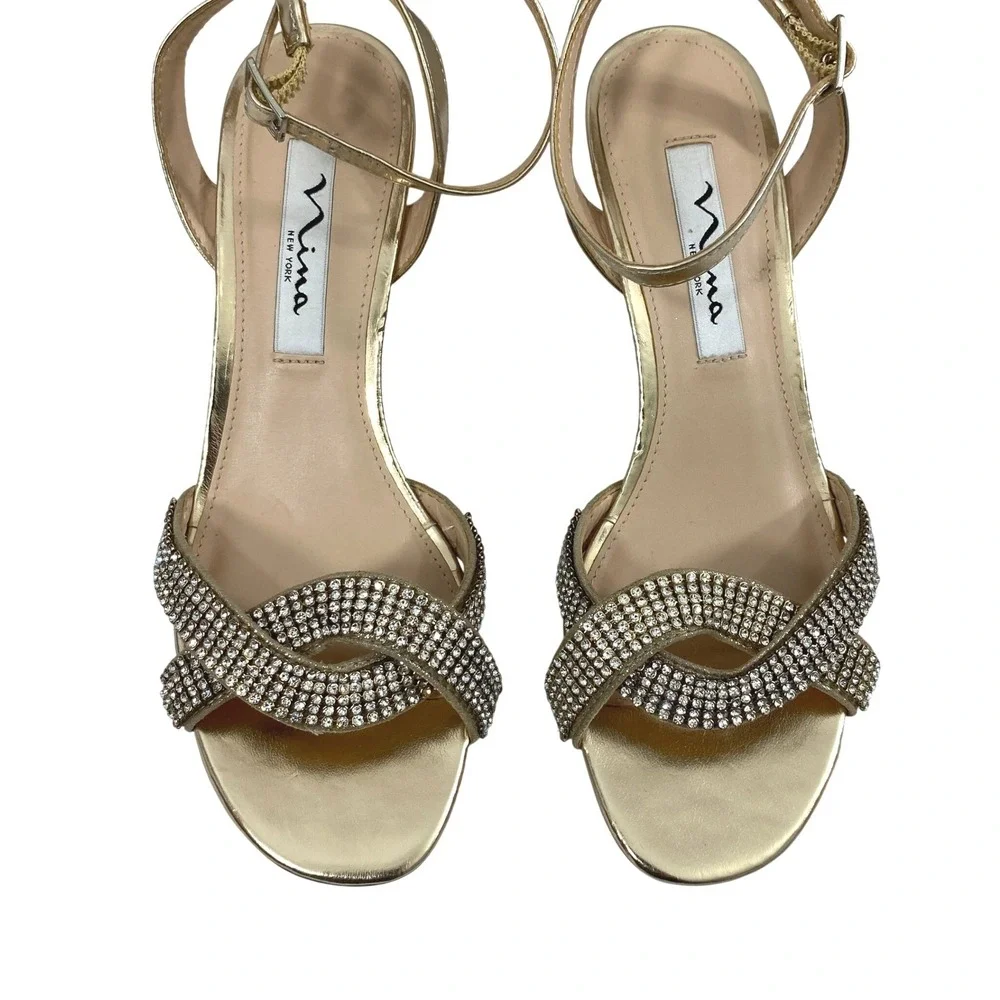 Womens Gold Rhinestone Wedge Sandals Size‎ 6M Metallic Ankle Strap Evening Shoes